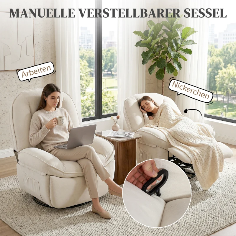 HOMCOM Relaxsessel, Drehbarer Schaukel- und Liegestuhl mit Tiefer Sitzfläche, Dickem Rückenpolster, Einfacher Montage, Creme