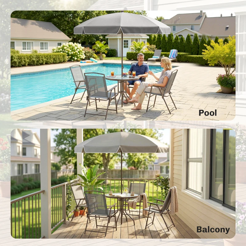 Outsunny 6 Piece Garden Dining Set with Umbrella, Patio Sets with Parasol, 4 Folding Dining Chairs, Dark Grey
