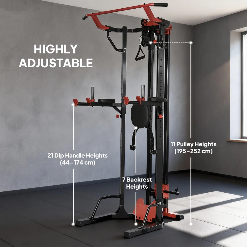 SPORTNOW Power Tower with Lat Pull Down Machine, Pull Up Bar, Dip Station, Adjustable Height Power Pack for Home Gym
