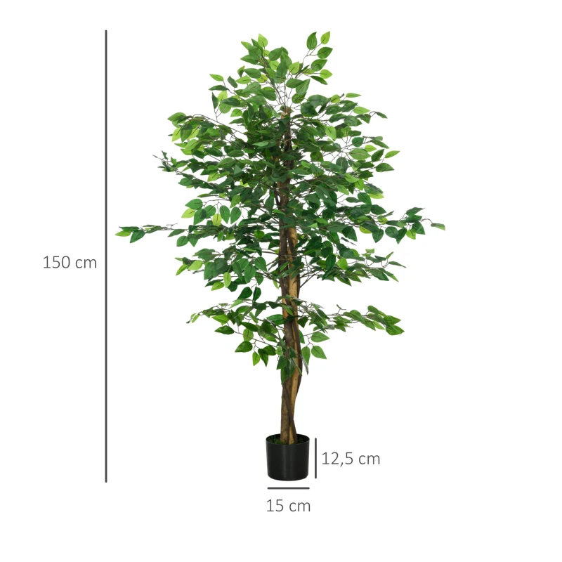 HOMCOM Conjunto de 2 Ficus Artificiais com Troncos Naturais 150 cm Plantas Artificiais com Vaso e 882 Folhas Verde
