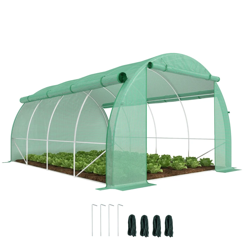 Outsunny Estufa de Túnel de Jardim 397x300x200 cm com Porta Lateriais e Janelas Enroláveis Cobertura de PE 140g/m² e Metal Galvanizado Verde