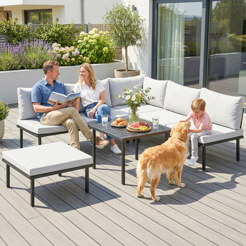 Outsunny Ensemble lounge de jardin 5-6 personnes Set lounge avec canapé 2 places, 2 chaises, fauteuil d'angle, table à lames, pouf