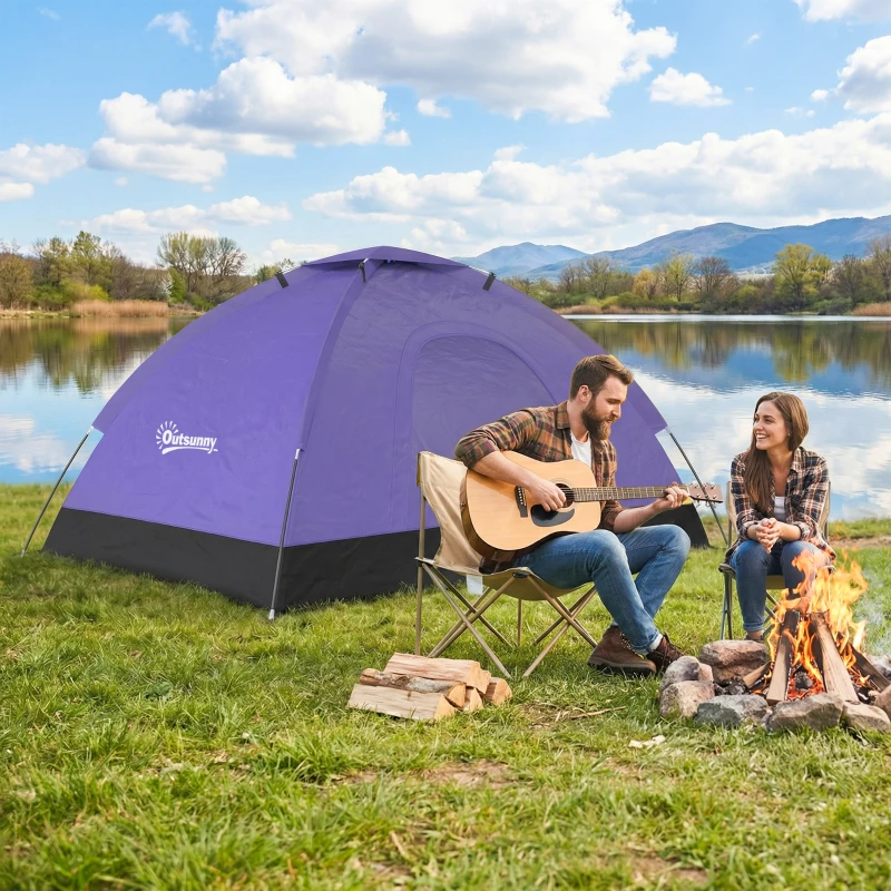 Outsunny 2 Person Camping Tent, Dome Tent with Zipped Doors, Storage Pocket, Portable Handy Bag, Light Purple