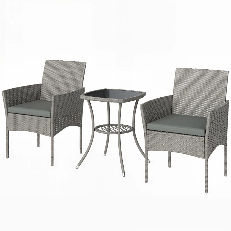 Outsunny 3 Piece Rattan Bistro Set, PE Wicker Garden Furniture Conversation Set with 2 Tier Glass-Top Table, Chairs, Dark Grey