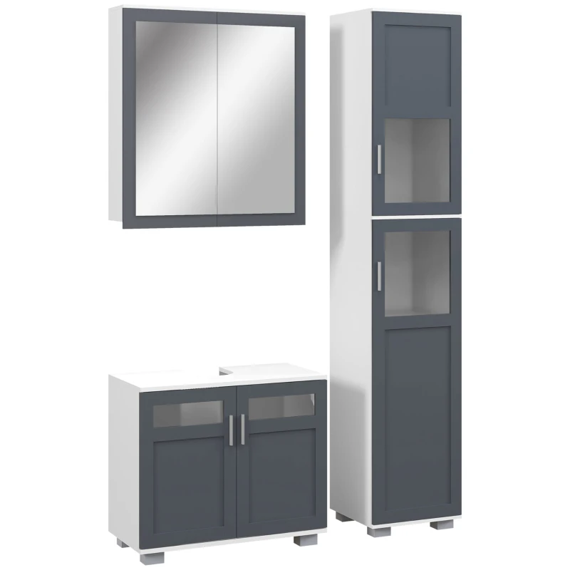 Kleankin Conjunto de Coluna de Casa de Banho Armário com Espelho e Móvel para Lavatório com Portas de Vidro Branco e Cinza