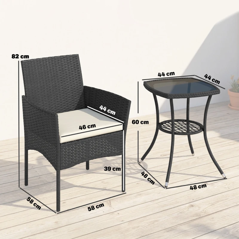 Outsunny 3 Piece Rattan Bistro Set, PE Wicker Garden Furniture Conversation Set with 2 Tier Glass-Top Table, Chairs, Cream White