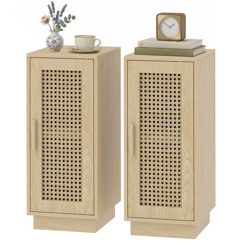HOMCOM Conjunto de 2 Mesitas de Noche con Puerta de Ratán, Mesillas de Noche Estilo Boho Estante Ajustable Natural