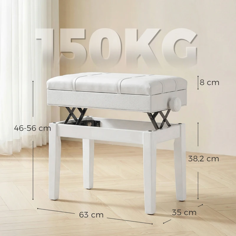 HOMCOM Banqueta taburete asiento para piano con cofre integrado, altura regulable, madera de hevea, asiento con revestimiento sintético, blanco