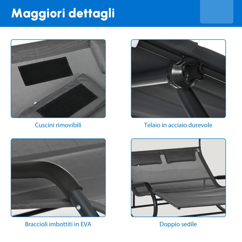 Outsunny Lettino Prendisole Doppio per 2 Persone, con Cuscini e Tettuccio Inclusi, 200 cm x 139 cm x 140 cm, Grigio Scuro