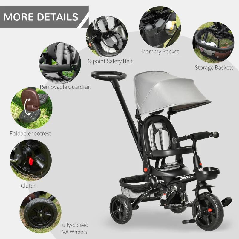 HOMCOM 4 in 1 Kids Trike Toddler Foldable Pedal Tricycle w/ Reversible Angle Adjustable Seat Removable Handle Canopy Belt Brake for 1-5 Years - Grey