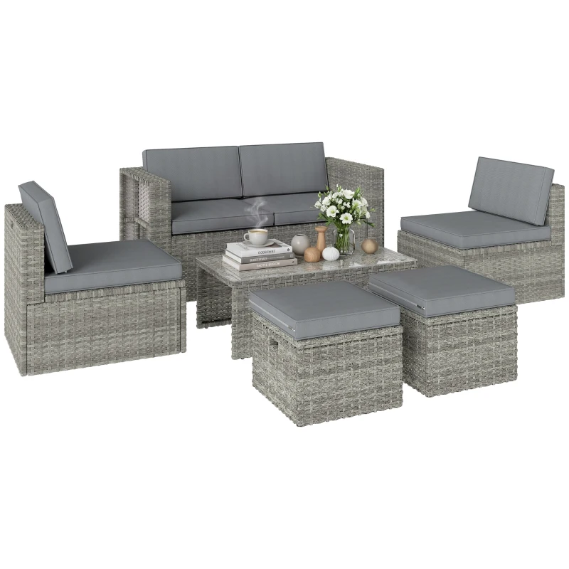 Outsunny 6 Piece Rattan Garden Furniture Set, Nesting Patio Conversation Set with Loveseat, Chairs, Table, Footstools, Dark Grey