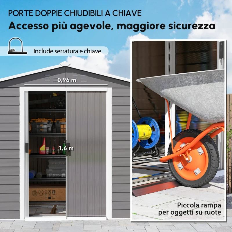 Outsunny Capanno attrezzi in metallo, resistente alle intemperie e anti-ruggine, richiudibile a chiave,  2,40 x 2,06 x 1,98 m, Grigio chiaro