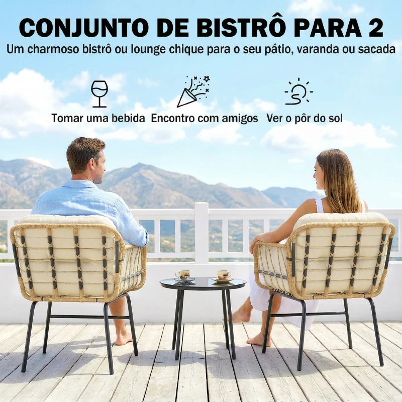 Outsunny Conjunto de Jardim 3 Peças em Vime PE com 2 Cadeiras com Almofadas e Mesa com Vidro Temperado Caqui