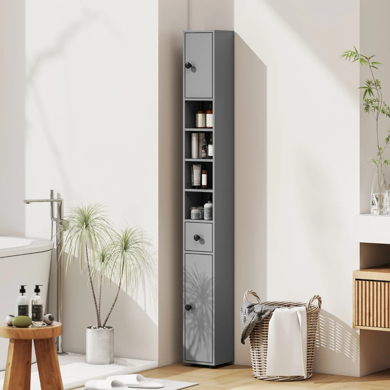 kleankin Badezimmerschrank, 4 Regale, Schublade, Spanplatte, schlankes Design, Grau