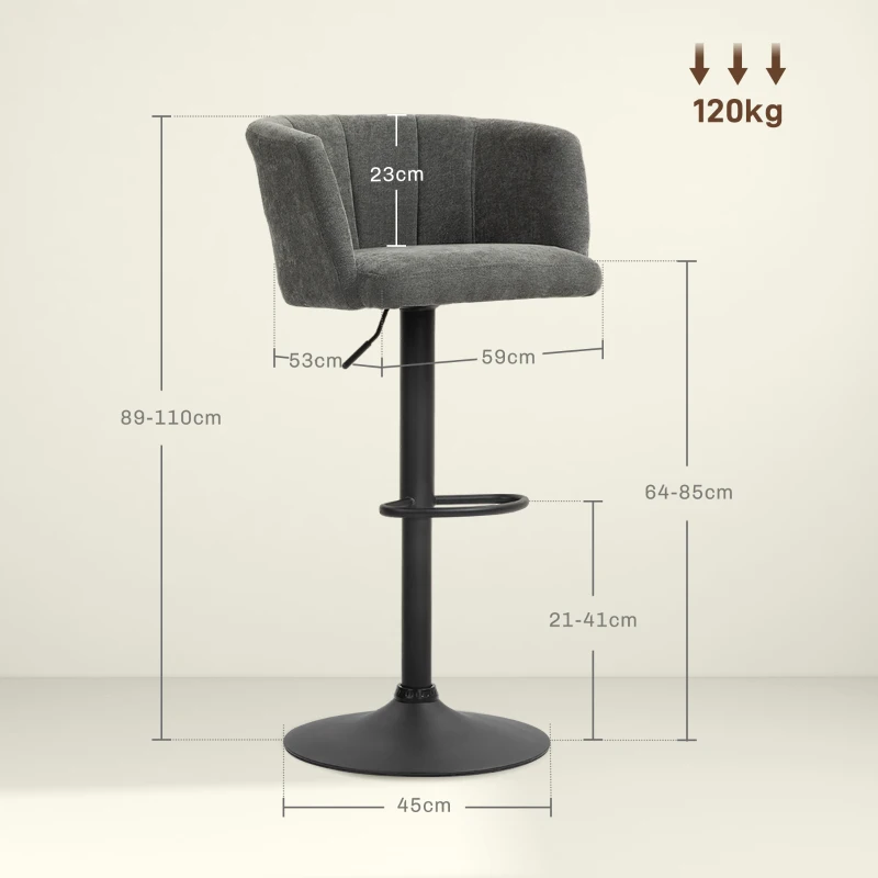 HOMCOM Barhocker 2er-Set, Schalenrücken, höhenverstellbar, Fußstütze, für Küche oder Esszimmer, Metallbasis, Dunkelgrau