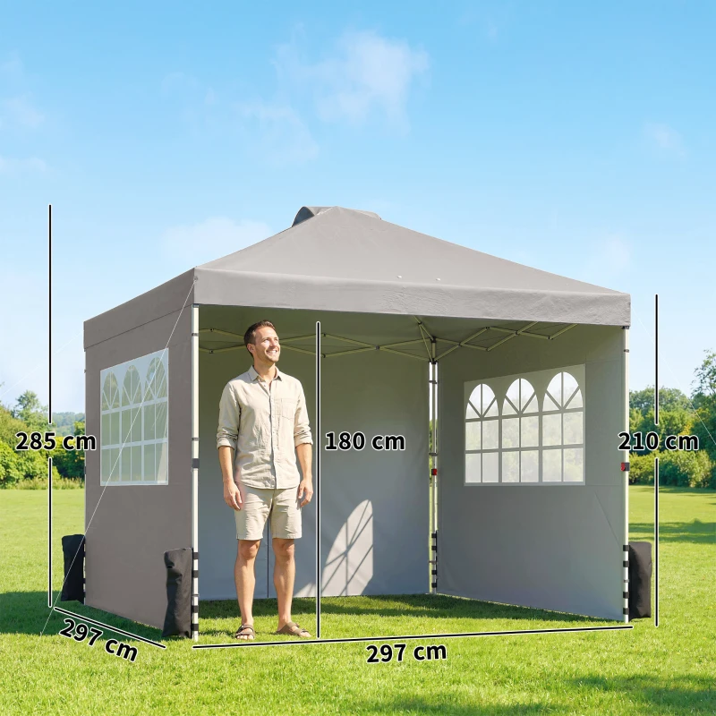 Outsunny Pop Up Gazebo Waterproof Height Adjustable Canopy with 3 Sidewalls Wheeled Bag for Parties 3 x 3 m Grey