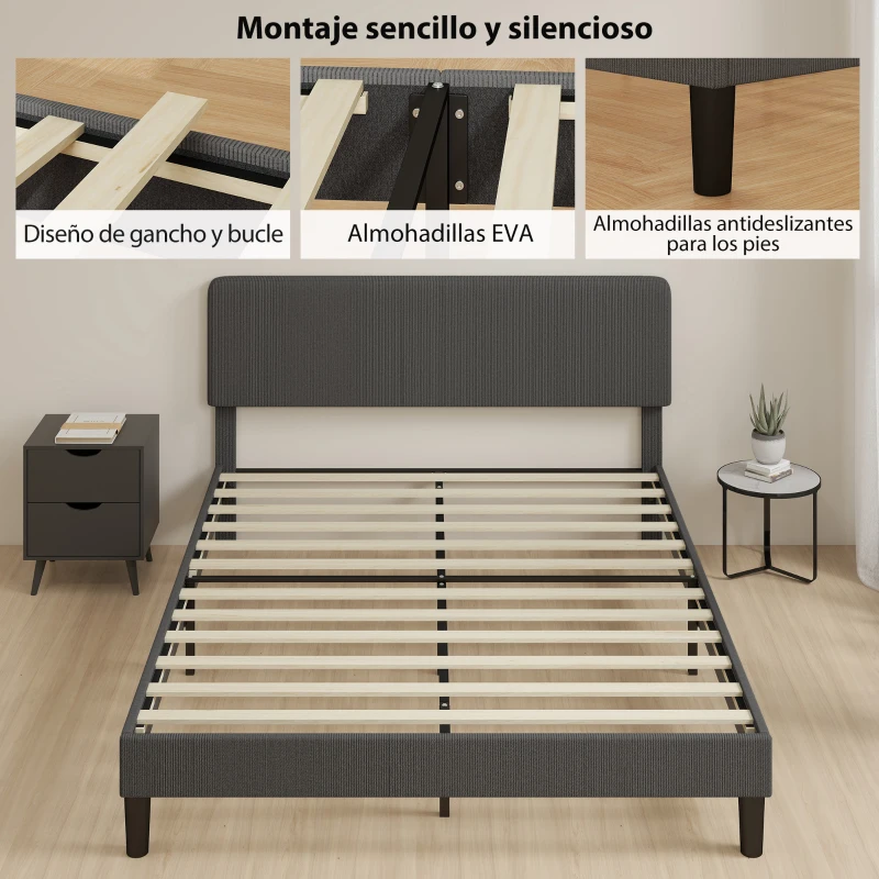 HOMCOM Somier 160x200 cm con Cabecero Ajustable Tapizado en Pana Láminas de Madera Fácil de Montar Gris Oscuro