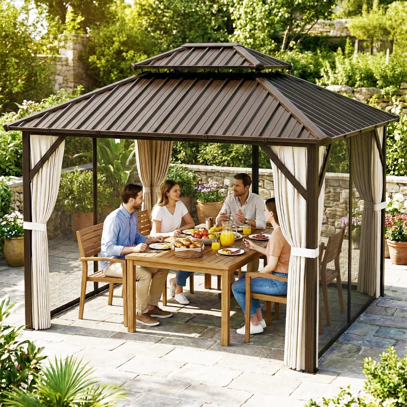 Outsunny 3x3.6 m Hardtop Gazebo Canopy with UPF50+ Double Galvanised Steel Roof, Brown
