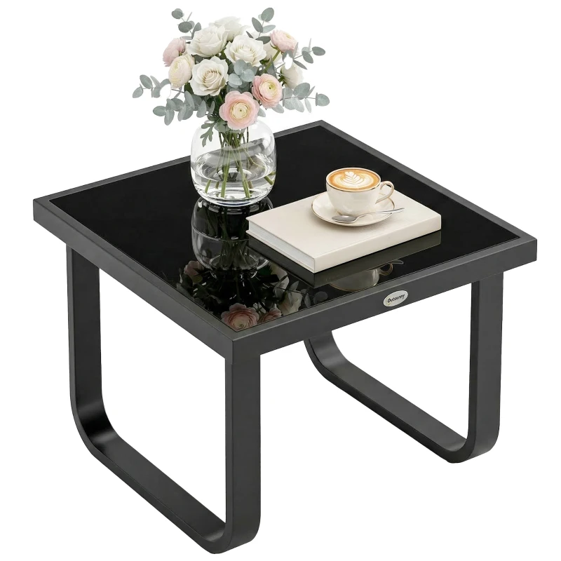 Outsunny Outdoor Garden Coffee Table, Rectangle Metal Side Table with Tempered Glass Tabletop, Adjustable Foot Pads