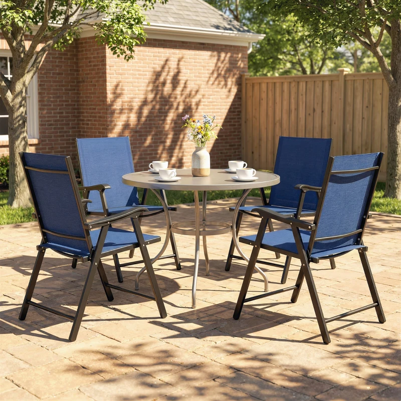 Outsunny Folding Garden Chairs Set of 4, Foldable Garden Dining Chairs with High Back, Armrests, Texteline Seat, Navy Blue