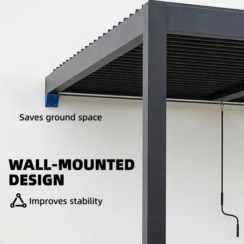 Outsunny 3 x 3 m Louvered Pergola with LED Lights, Metal Louvres, Wall Mounted Aluminium Patio Gazebo Pergola, Dark Grey