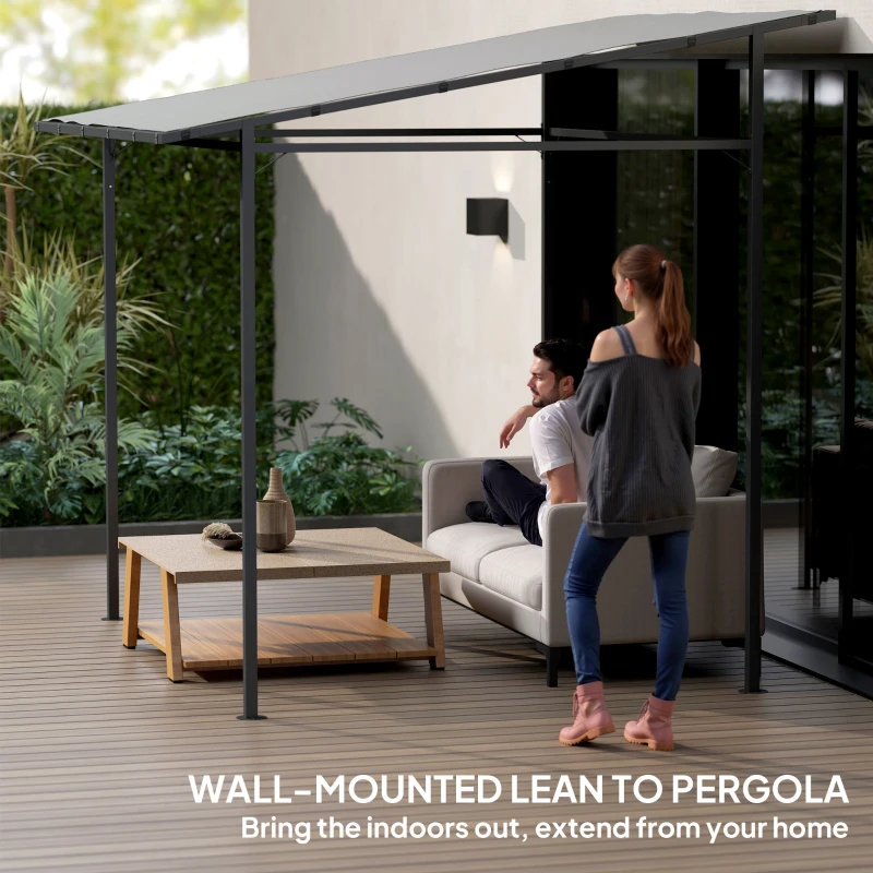 Outsunny 2.4 x 2.4 m Wall Mounted Pergola Gazebo with PA Coating Fabric, Metal Frame, UPF30+, Lean to Garden Gazebo, Light Grey
