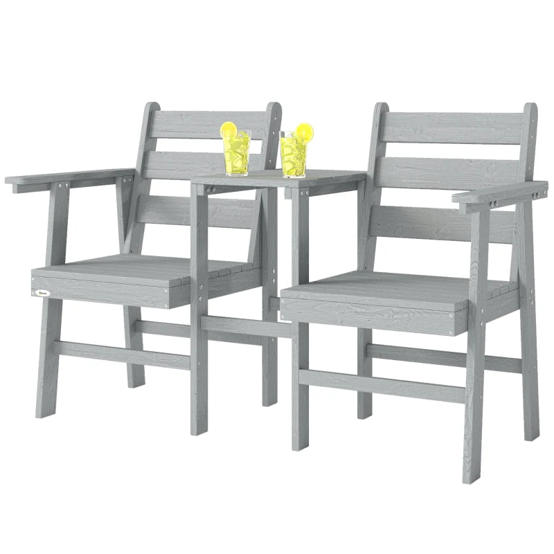 Outsunny Outdoor Garden Loveseat, Embossed Wooden Jack and Jill Garden Seat with Integrated Table, Grey