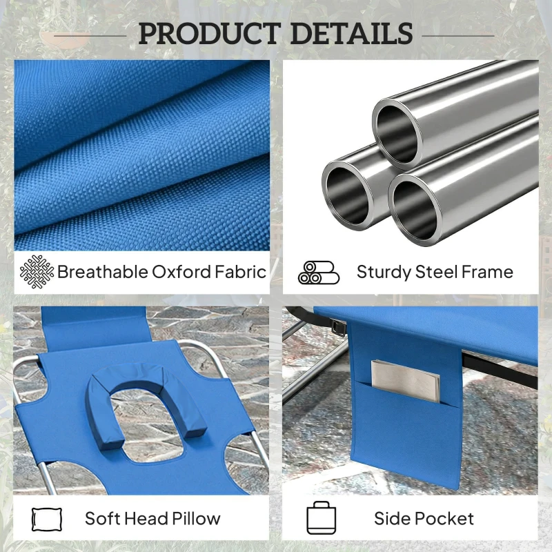 Outsunny 5-Position Adjustable Sun Loungers Set of 2 with Reading Hole and Side Pocket, Blue