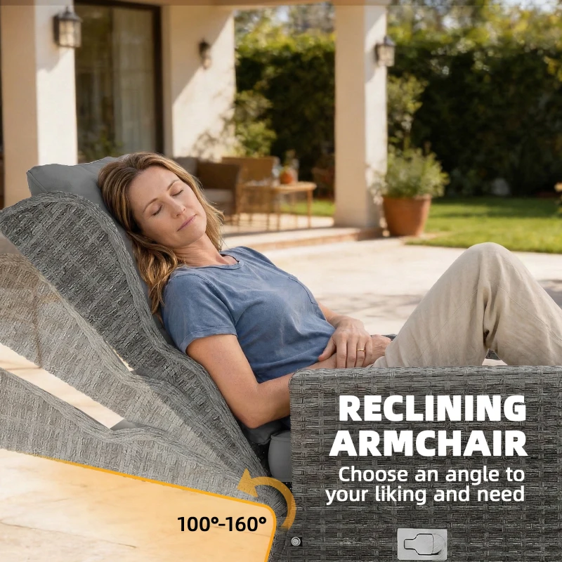 Outsunny 5 Seater Rattan Garden Furniture Set with Sofa, Reclining Chairs, Table, Patio Rattan Furniture Sofa Sets, Grey