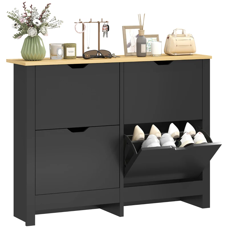 HOMCOM Dulap pentru pantofi 16 perechi, dulap cu 4 sertare rabatabile și polițe reglabile, negru și lemn natural