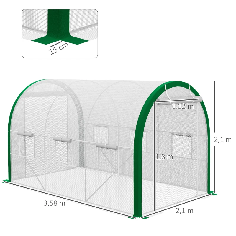 Outsunny Serra Tunnel, Serra di Coltivazione, Porte a Zip, Finestre in Rete, Telaio in Metallo, 3,5 x 2 x 2 m, Bianco