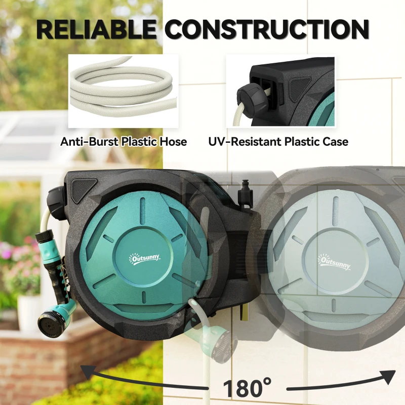 Outsunny Retractable Hose Reel Wall Mounted, 20+2m Garden Hose Pipe Reel with Lock, Auto Rewind, 7 in 1 Spray Nozzle, Includes Wall Fixings, 180° Swivel, Outdoor Watering, 54 x 20 x 39 cm, Black