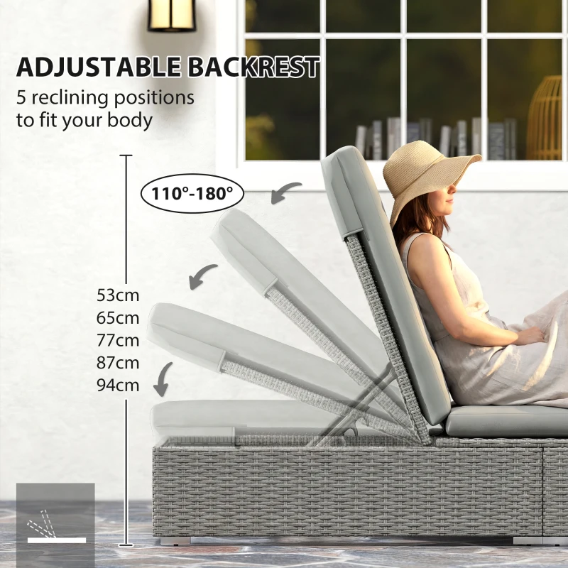 Outsunny Rattan Sun Lounger, Five-Position Reclining Garden Lounger Bed with Cushion, Light Grey
