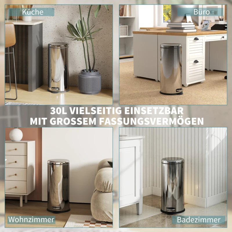 HOMCOM 30L Mülleimer Abfalleimer, Papierkorb, Treteimer mit Deckel, Fußpedal, Müllbehälter mit Inneneimer, Mülltrennung für Wohnzimmer, Büro, Rund