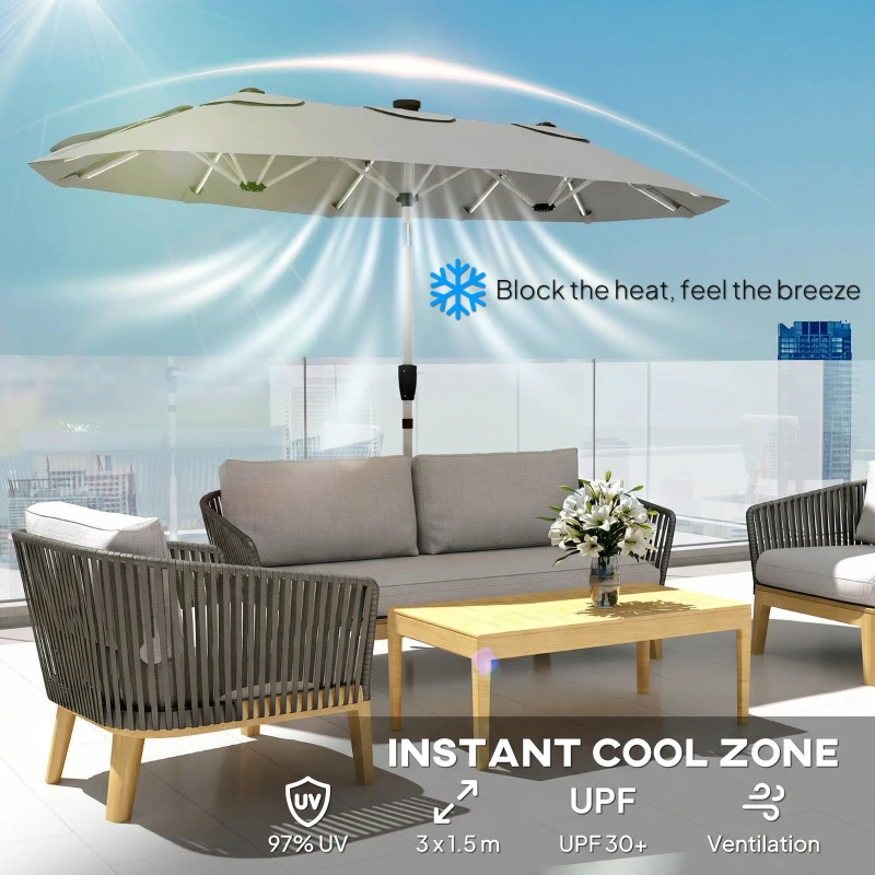 Outsunny 3 m Double-Sided Garden Parasol with LED Solar Lights, Outdoor Extra Large Sun Umbrella with Crank Handle, Grey