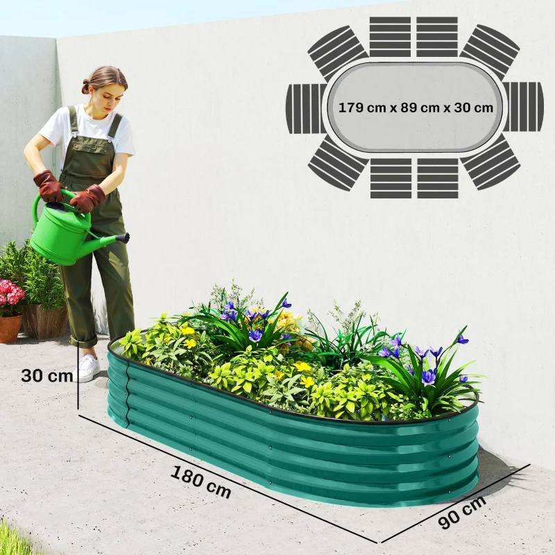Outsunny Galvanised Raised Garden Bed, Metal Planter Box with Safety Edging, for Flowers, Herbs, Succulents, Light Green