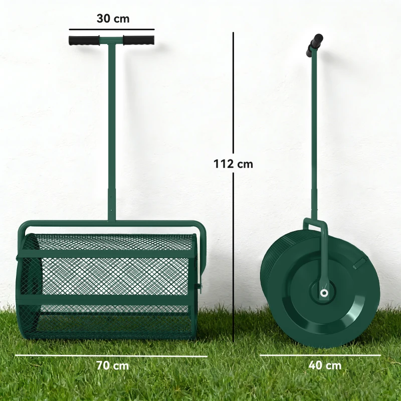 Outsunny Compost Spreader, 24" Peat Moss Spreader with Height Adjustable T Shaped Handle and Metal Mesh Basket, Garden Spreader for Seeding, Spreading Manure, Green