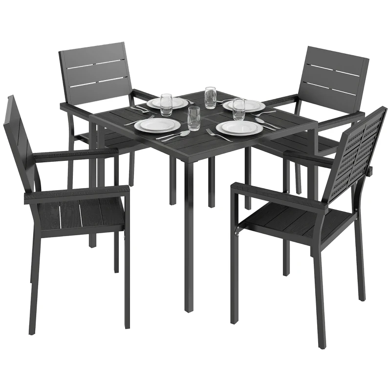 Outsunny 5 Pieces Garden Dining Set, Garden Table and Chairs Set for 4 with Square HDPE Table and Chairs with Armrests, Black
