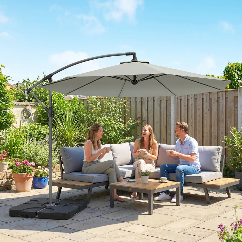 Outsunny 3m Overhanging Parasol, with Base, Weights and Cover - Light Grey
