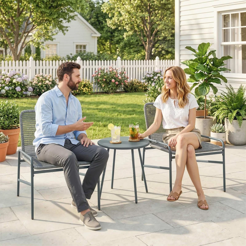 Outsunny 3 Piece Rattan Bistro Set, Outdoor Garden Furniture Set with 2 Chairs, Round Coffee Table for Patio, Balcony, Dark Grey