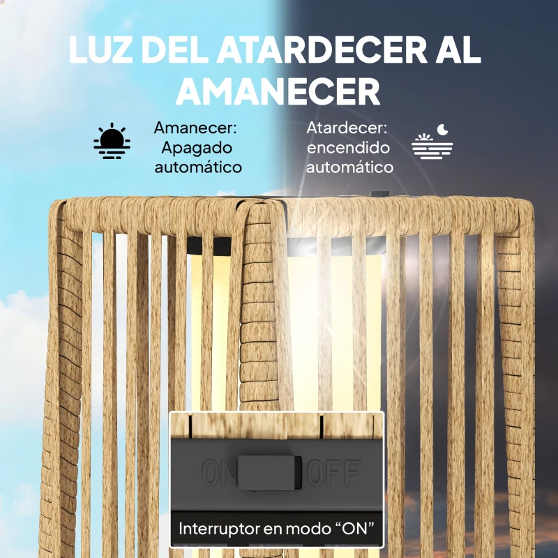 Outsunny Linterna de Jardín de Ratán Farola Solar Exterior con Luces LED Encendido y Apagado Automático Impermeable IP44 Arena