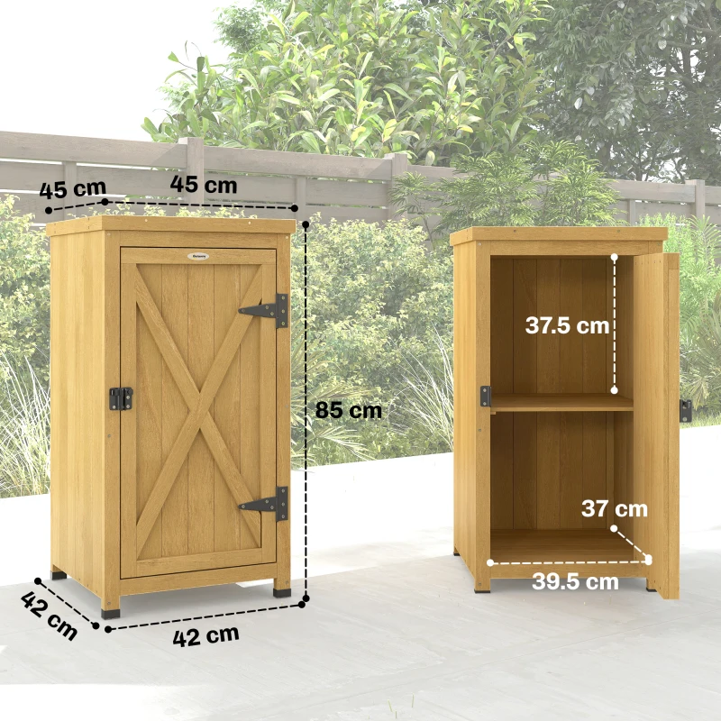 Outsunny Wooden Garden Shed, Garden Tool Storage Shed with Metal Top and Shelf, Light Brown