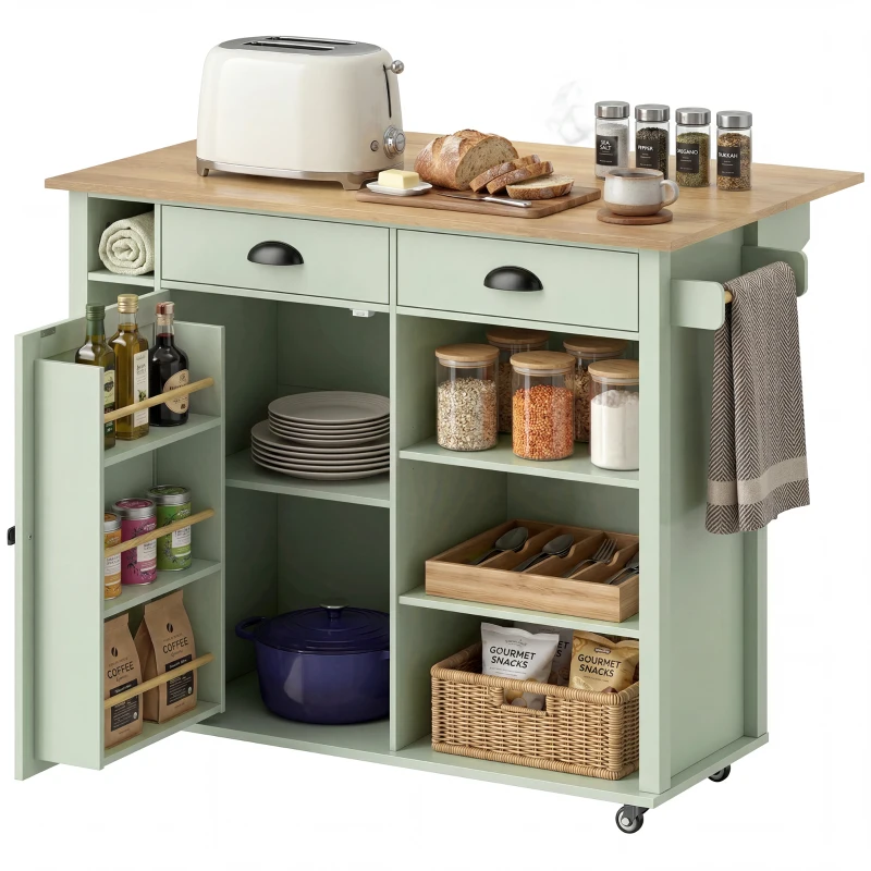 HOMCOM Îlot central cuisine avec plateau pliant, desserte de cuisine sur roulettes avec 2 tiroirs, porte-serviettes, vert