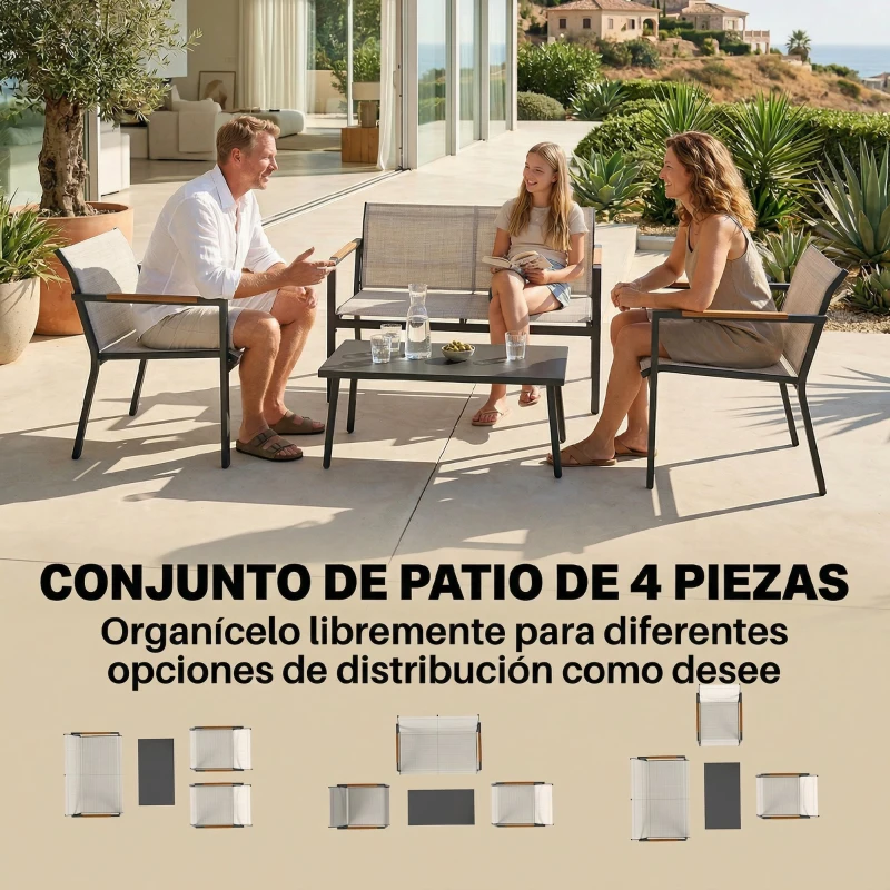 Outsunny Conjunto Jardín Exterior con Sofá de 2 Plazas 2 Sillones Mesa con Superficie Metálica Asientos Transpirables Crema