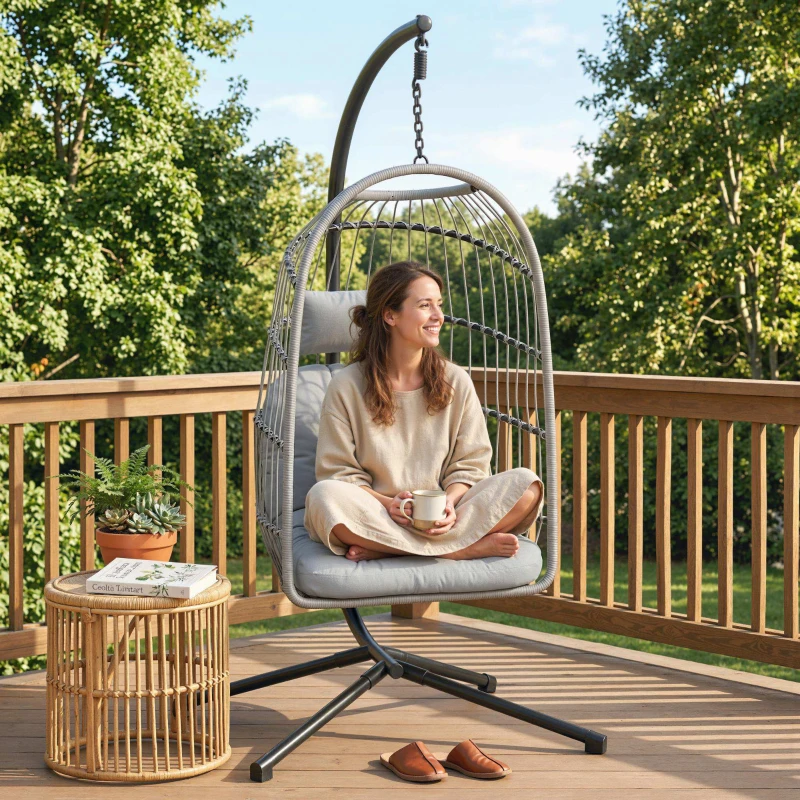 Outsunny Hanging Egg Chair, Indoor Outdoor Hammock Swing Chair with Stand, Safety Strap, Foldable Basket, Light Grey