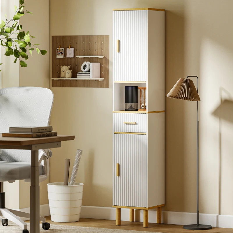 HOMCOM Columna de Baño Estrecha con Estantes Ajustables Cajón Compartimento Abierto 31,5x29,7x171,5 cm Blanco