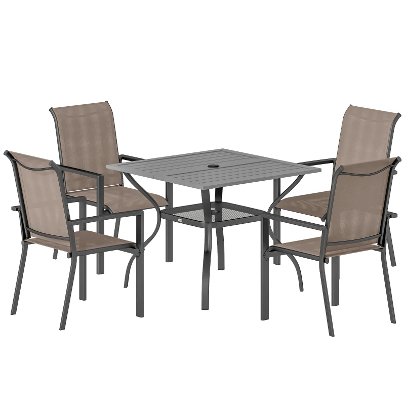 Outsunny 5 Pieces Outdoor Dining Set for 4, Garden Table and Stackable Chairs with Breathable Mesh Seat, Grey and Khaki