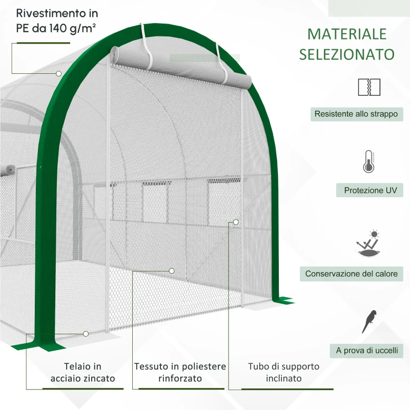 Outsunny Serra Tunnel, Serra di Coltivazione, Porte a Zip, Finestre in Rete, Telaio in Metallo, 3,5 x 2 x 2 m, Bianco