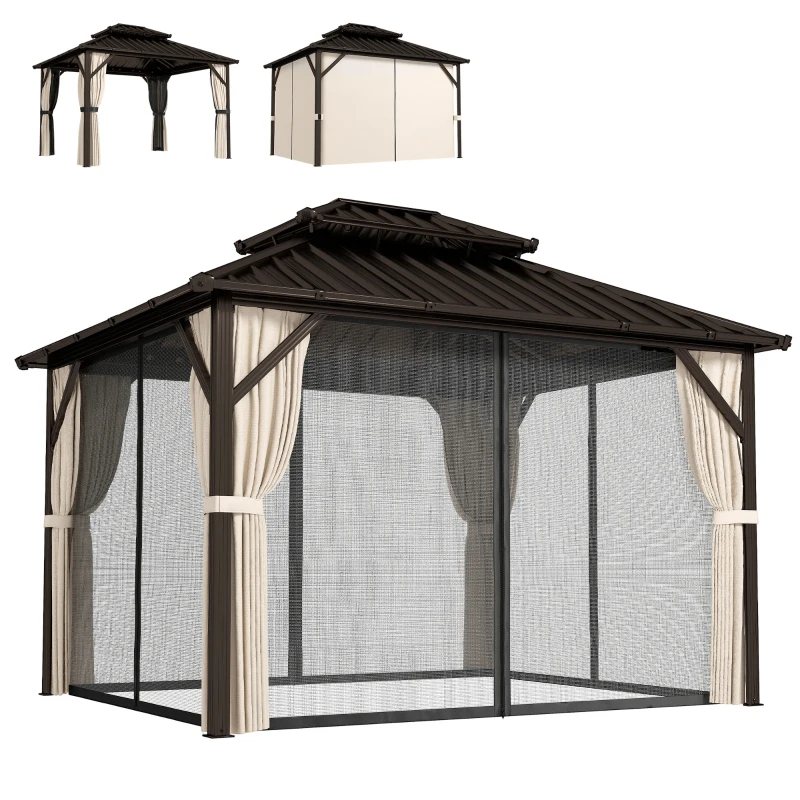 Outsunny 3x3 m Hardtop Gazebo Canopy with UPF50+ Double Galvanised Steel Roof, Aluminium Garden Gazebo Permanent Pavilion, Brown