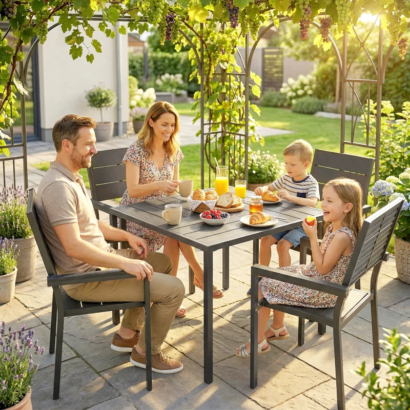 Outsunny 5 Pieces Garden Dining Set, Garden Table and Chairs Set for 4 with Square HDPE Table and Chairs with Armrests, Black